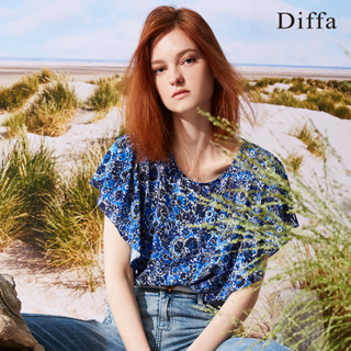 【Diffa】復古藍白花荷葉袖上衣3768-8216