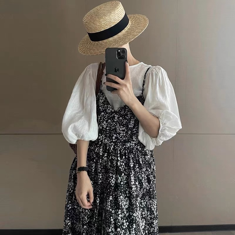 韓國夏季V領皺摺收腰碎花吊帶裙洋裝