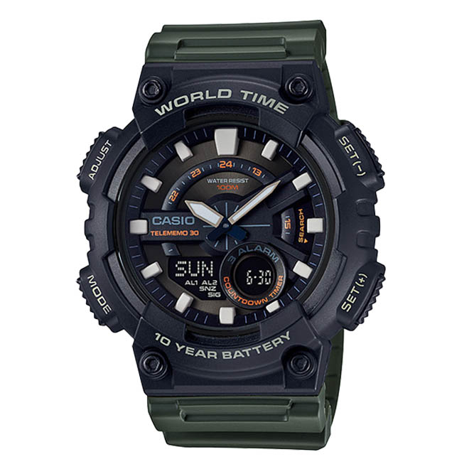 【CASIO 卡西歐】10年電力 世界時間 雙顯運動電子錶 AEQ-110W-3A 黑/綠 台南 時代鐘錶