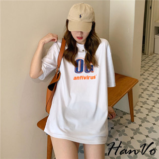 【HanVo】OG字母印花寬鬆中長款T恤 親膚透氣百搭圓領短袖上衣 簡約休閒T 韓系女裝 女生衣著 A01-0056
