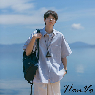 【HanVo】男款條紋短袖百搭翻領襯衫 舒適透氣潮流日系短袖上衣 夏季薄款T恤 男生衣著 B1012