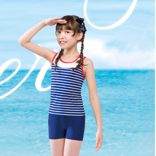 梅林泳裝 女童女童藍白條搭紅條配邊二件式泳衣 NO-M0561