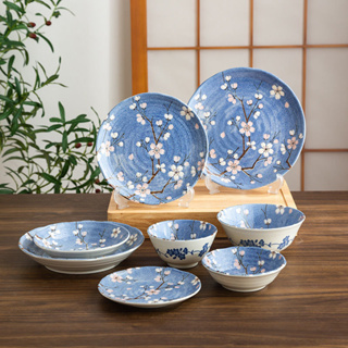 飯碗 盤子 菜盤 面碗 餐具 日本進口有古窯藍櫻花陶瓷碗盤子菜盤 日式餐具家用米飯碗大碗面碗