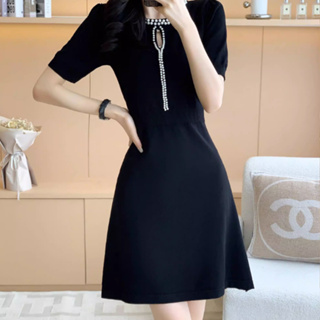 衣時尚 針織連身裙 洋裝 黑色禮服S-XL韓版優雅氣質千金小香風黑色針織連衣裙非D15-3505 ES22