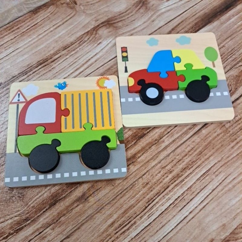 全新_共2入 木質拼圖 小汽車車拼圖小貨車拼圖 寶寶的啟蒙玩具立體拼圖