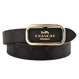 COACH-金屬馬車滿版防刮LOGO皮革穿式皮帶(深咖x黑/M)