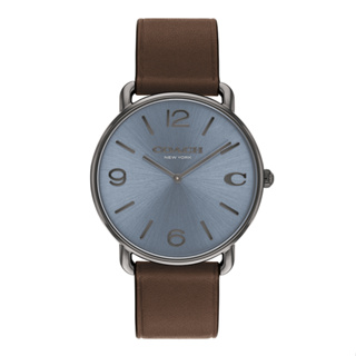 COACH | 鐵灰框 灰藍面 經典C字LOGO腕錶 棕色皮革錶帶 40mm 男錶-(14602647)
