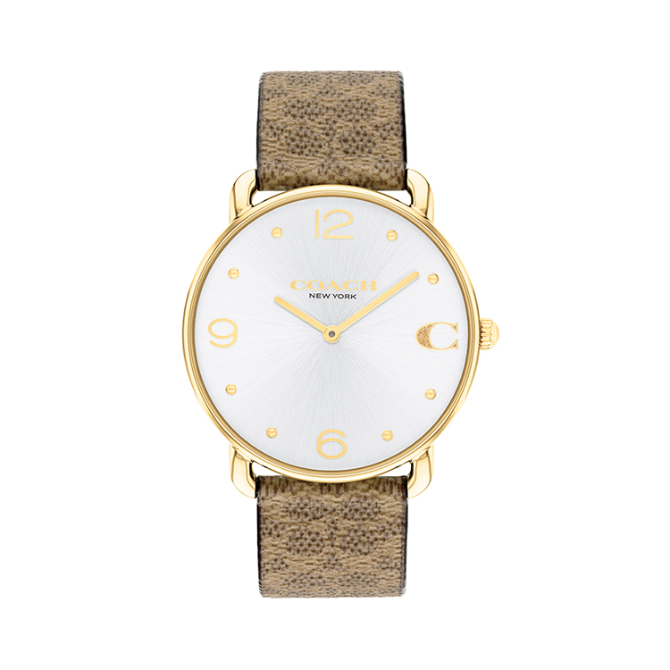 COACH | 經典經典C字LOGO腕錶 金框 銀面 棕色花紋皮革錶帶 / 14504205