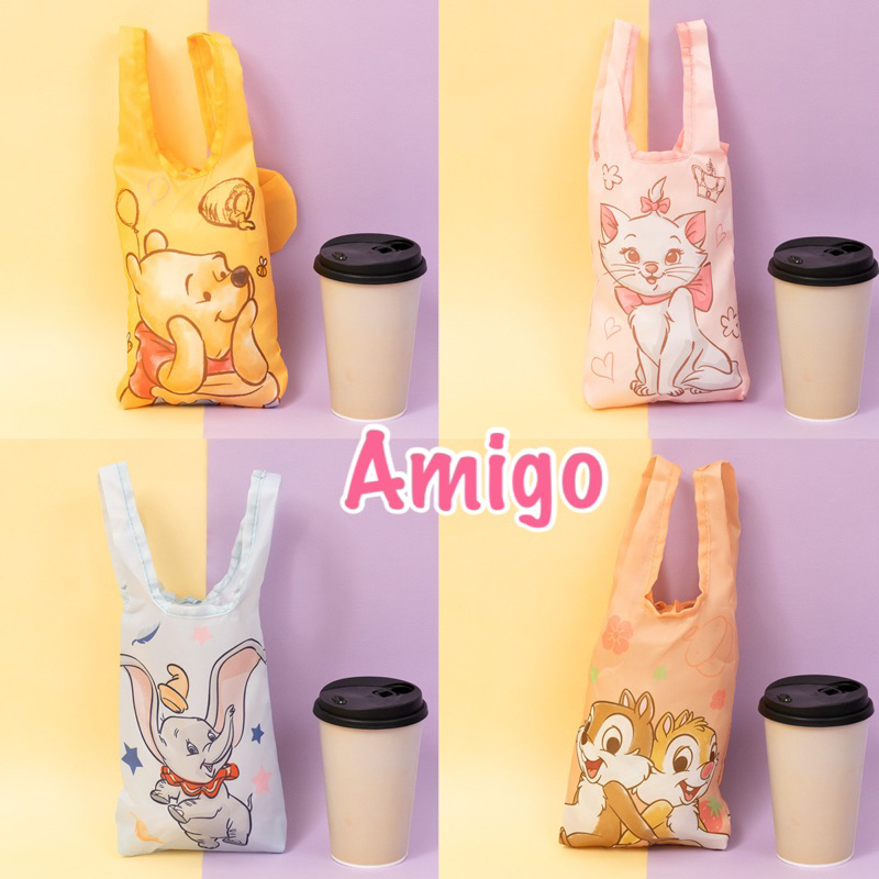 正版授權 迪士尼 小飛象 瑪莉貓 瑪麗貓 小熊維尼 維尼 奇奇蒂蒂 折疊收納 掛勾 水壺袋 飲料袋 杯套 提袋 購物袋