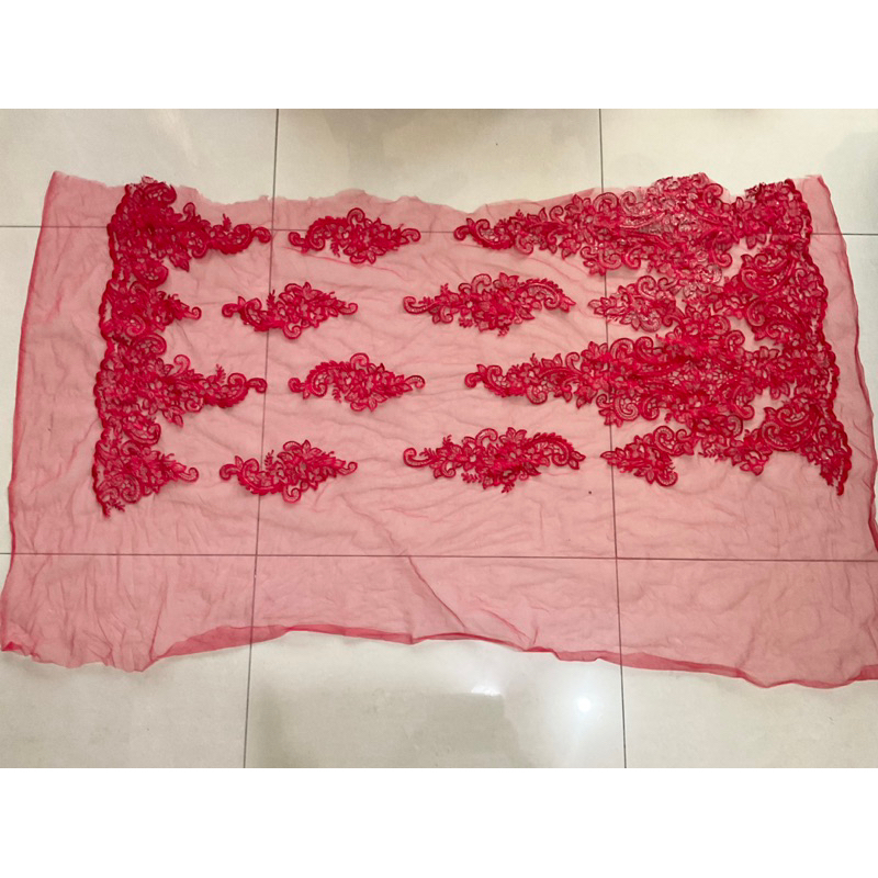 LK74/紅色網紗刺繡定位花片蕾絲零碼布