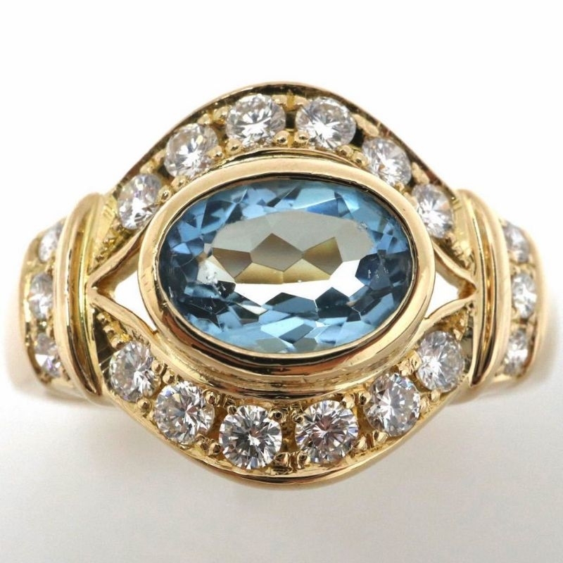 日本 POLA 天然海水藍寶 海藍寶石 18k金 750 鑽石戒指 鑽戒