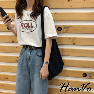 【HanVo】ROLL英文字印花寬鬆T恤 親膚透氣百搭設計感圓領短袖上衣 韓系女裝 女生衣著 A01-0024