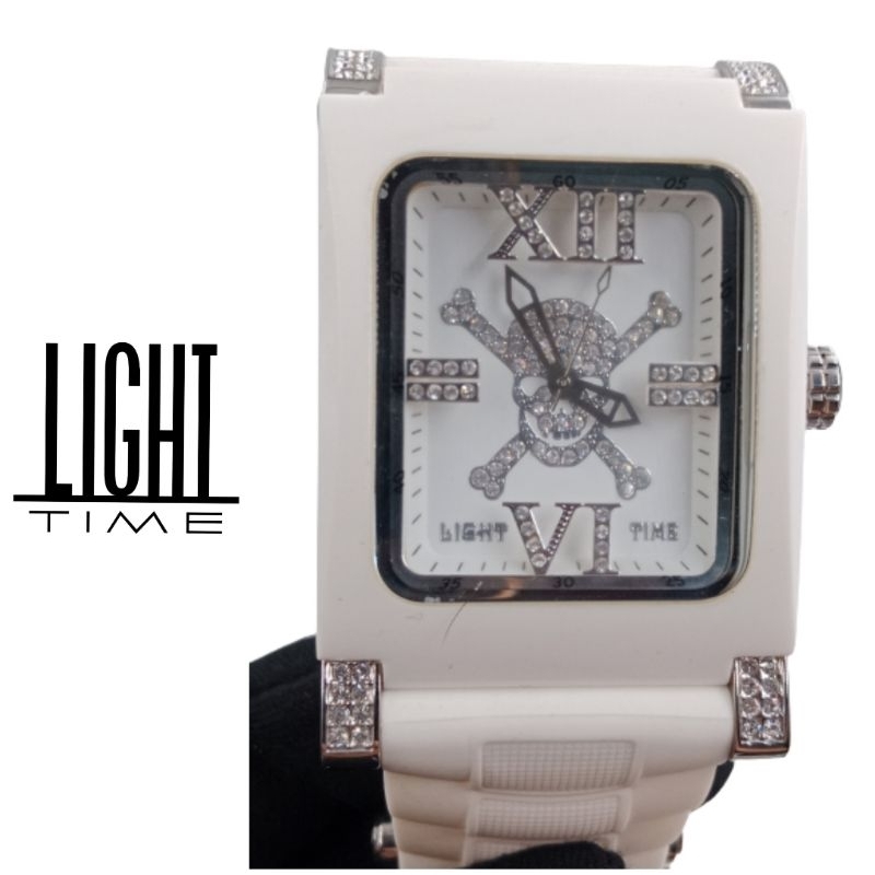 【未使用庫藏新品】LIGHT TIME 骷髏頭 水鑽橡膠錶帶白色夏日風情手錶【保障真品&amp;超低價可刷卡分六期】