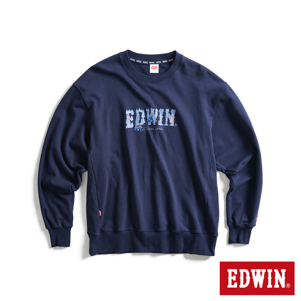 EDWIN 露營系列 森林LOGO寬版厚長袖T恤(丈青色)-男款