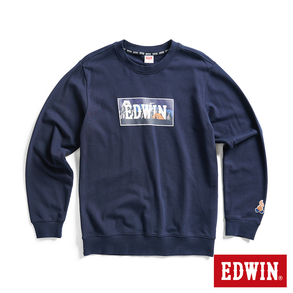 EDWIN 露營系列 富士山營地BOX LOGO厚長袖T恤(丈青色)-男款