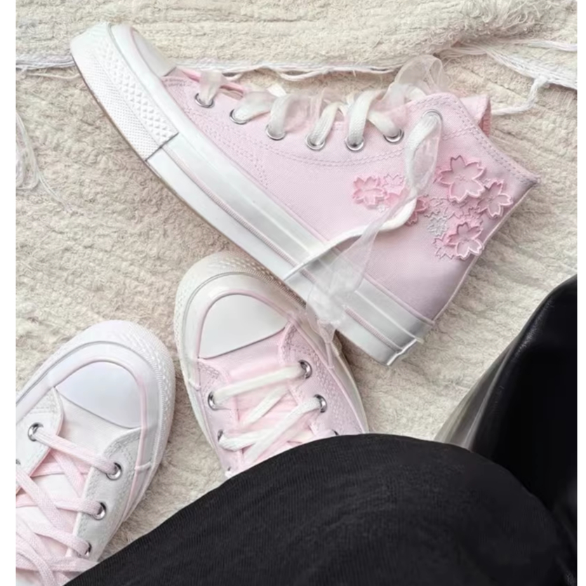 限時免運✨CONVERSE女鞋CHUCK 70S春季新款櫻花刺繡粉色蕾絲 低幫 高幫帆布鞋