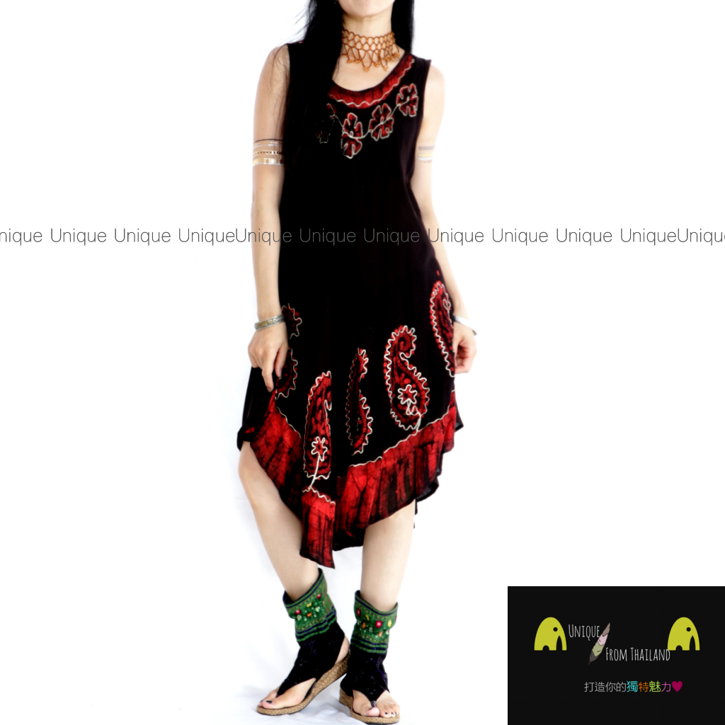 Unic＠印度🇮🇳進口楊柳布洋裝『🌿黑底紅邊TD306印度手工純棉＊超涼感❄️無袖洋裝』 背心洋裝 異國風波希米亞
