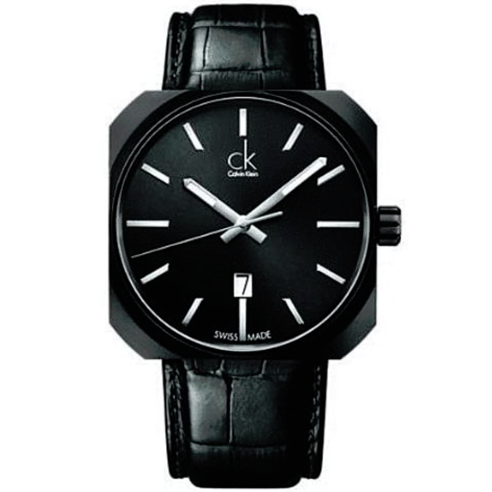 CK Calvin Klein 大面徑方型日期休閒皮帶腕錶 K1R21430