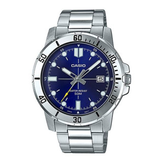 【CASIO】卡西歐 超清晰防水50米日期顯示不鏽鋼指針錶-藍面丁時刻 MTP-VD01D-2E 臺灣卡西歐保固一年