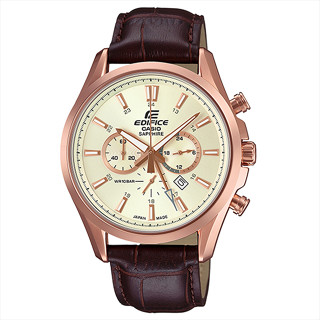 【CASIO 卡西歐】EDIFICE 藍寶石鏡面 皮革錶帶 計時男錶 EFB-504JGL-7A 米/玫瑰金 臺南時代