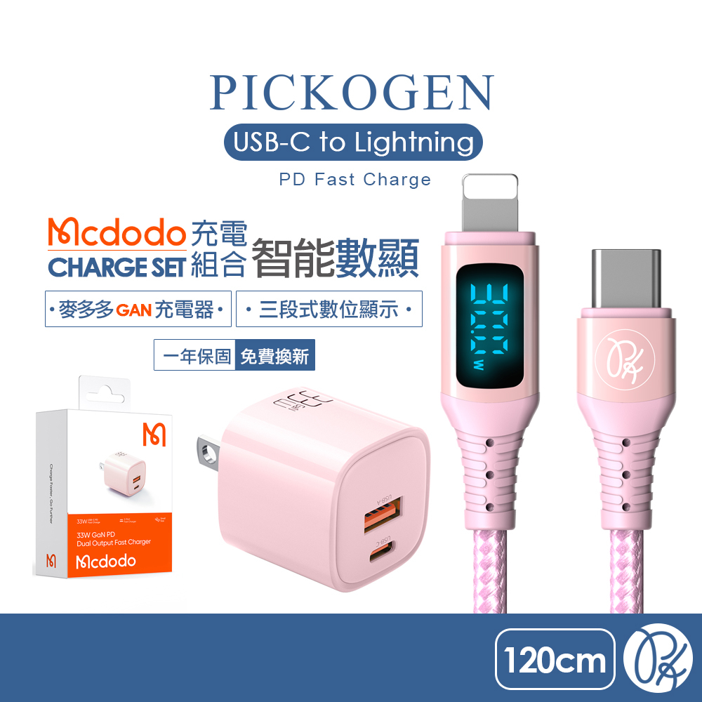 PICKOGEN 皮克全 PD/Lightning/Type-C/iPhone充電線充電器 VAW數顯 充電器組合(粉)
