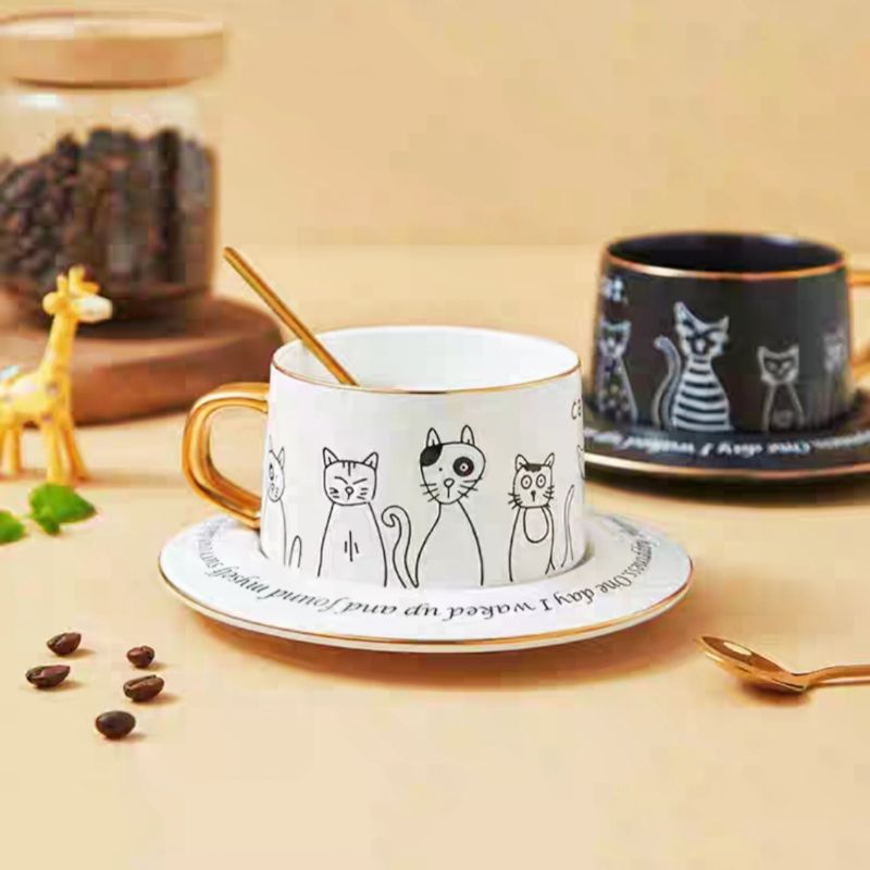北歐輕奢描金高顏質好奇貓咪黑白陶瓷咖啡杯 簡裝/禮盒 含碟勺 情人節禮物 情人對杯 咖啡杯 茶杯 馬克杯