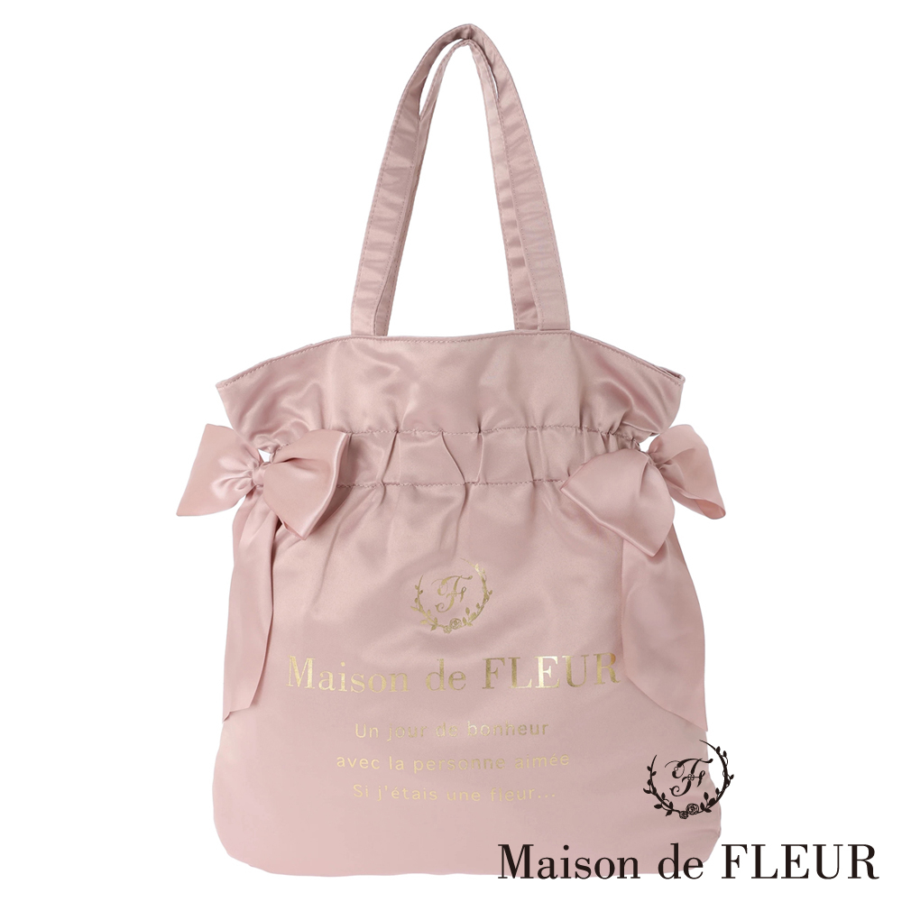 Maison de FLEUR 經典燙金雙緞帶緞面托特包(8A33F0J0800)