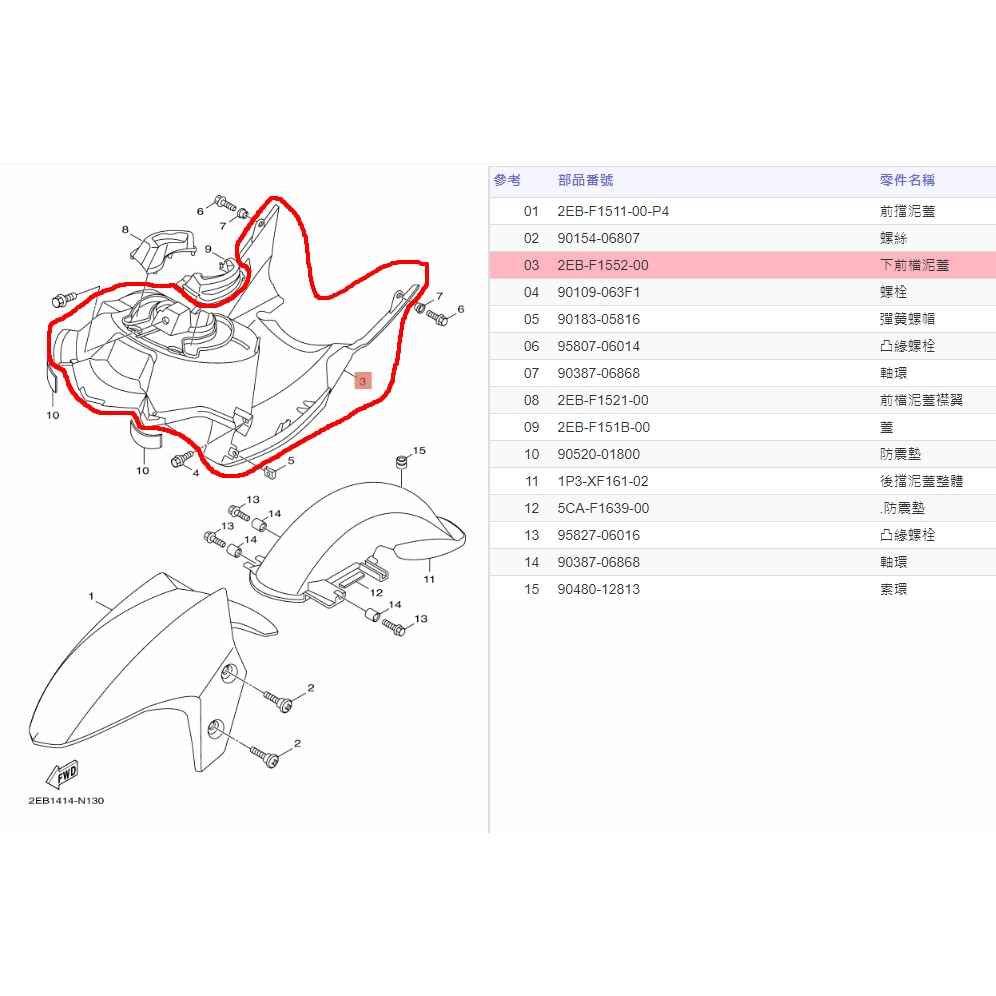 俗俗賣YAMAHA山葉原廠 下前擋泥蓋 RAY 125 內裝 底盤外殼 車殼 料號：2EB-F1552-00