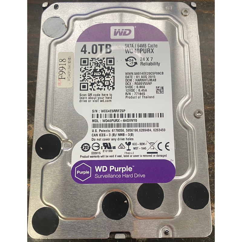 高時數 WD紫標 4TB 3.5寸硬碟