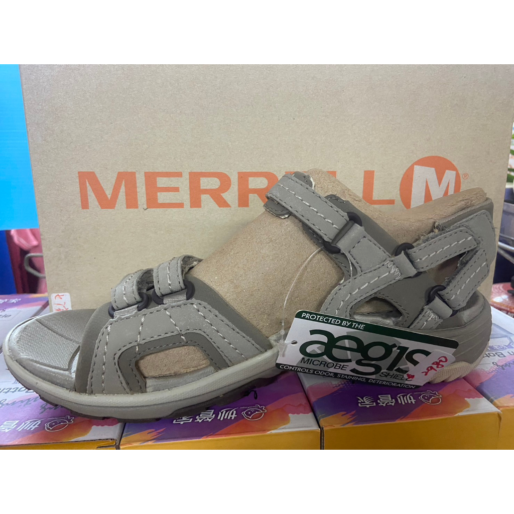 【美國 MERRELL】《過季零碼出清》女款 戶外輕量水陸兩用涼鞋.黃金大底.拖鞋.海灘鞋. J88948 灰卡其