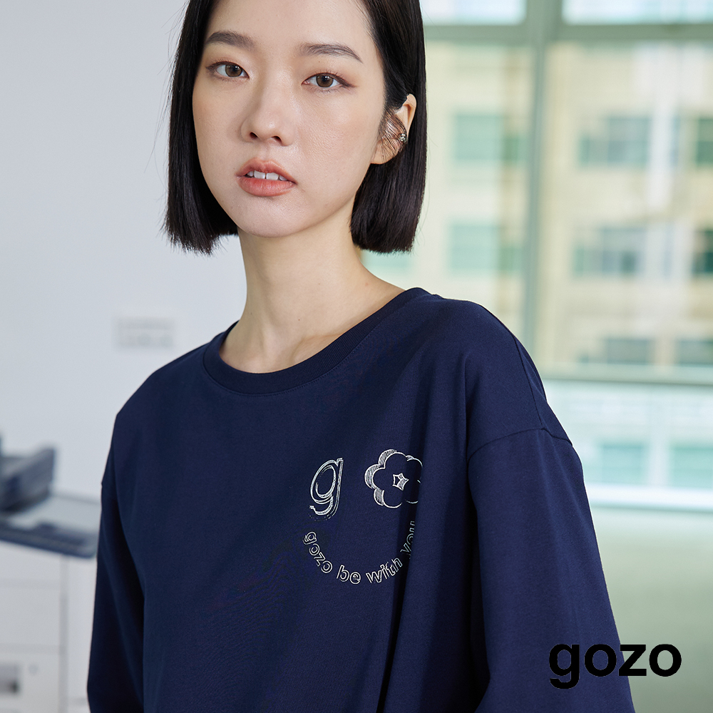 【gozo】➤只對我微笑吧傳情T恤(附洗衣袋)(米色/深藍_M/L) | 純棉 圓領 百搭