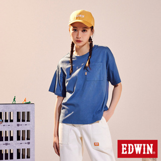 EDWIN 橘標 方版口袋短袖T恤(灰藍色)-女款