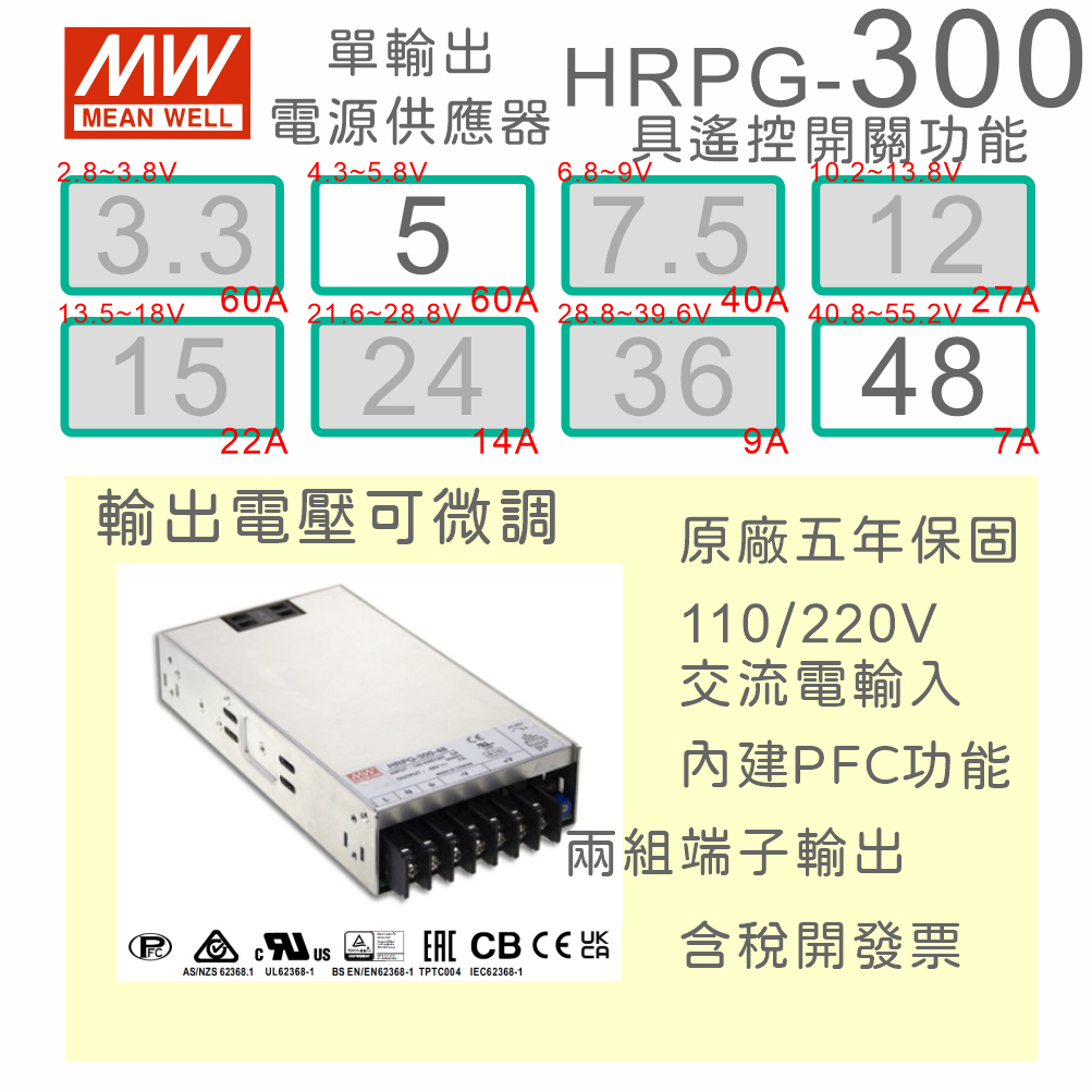 【保固附發票】MW 明緯 PFC 300W 長壽命電源 HRPG-300-5 5V 48 48V 馬達 LED 驅動器