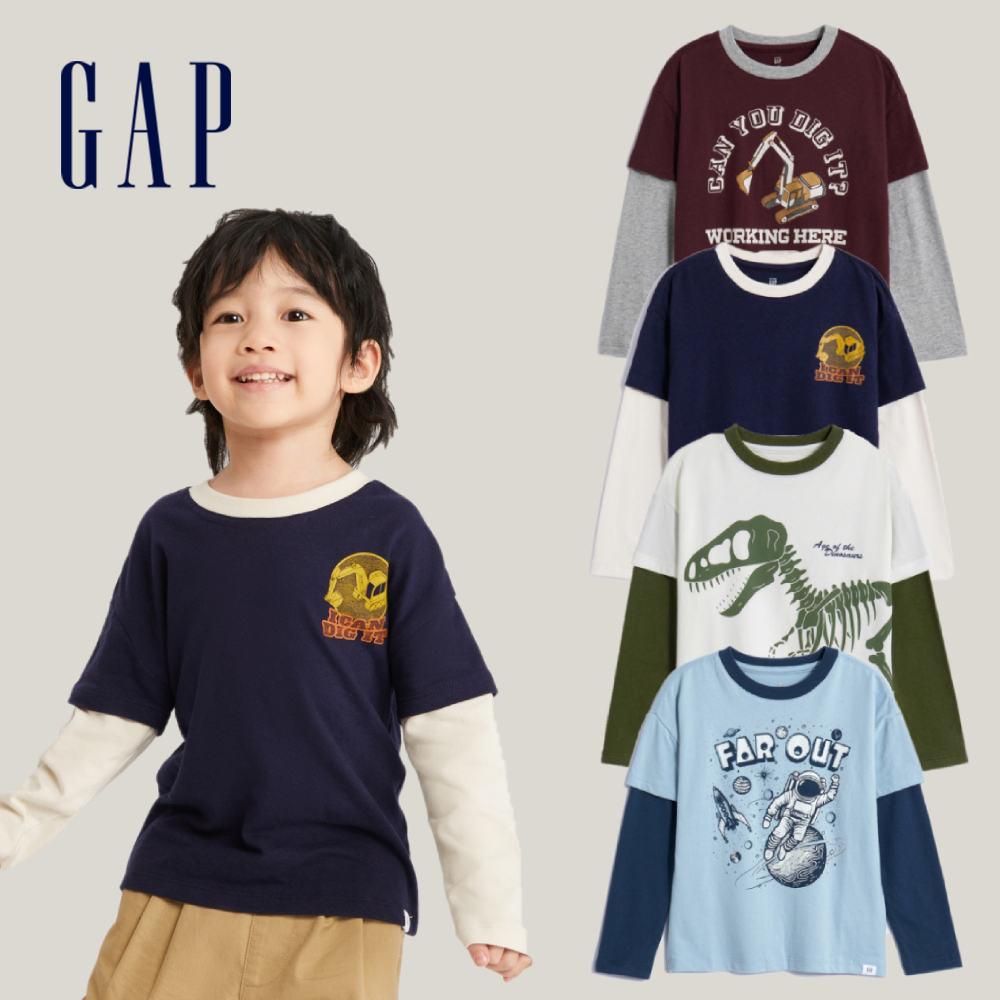 Gap 男幼童裝 印花假兩件圓領長袖T恤-多色可選(773839)