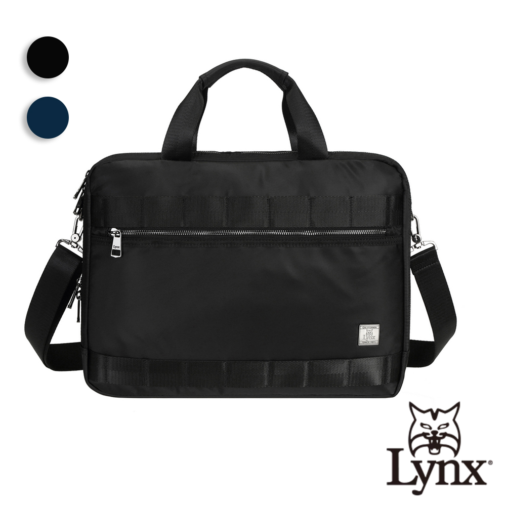 【Lynx】美國山貓 輕量防潑水斜紋尼龍布包 多隔層機能包 手提斜背電腦公事包 2色 黑色/深藍 LY39-6607
