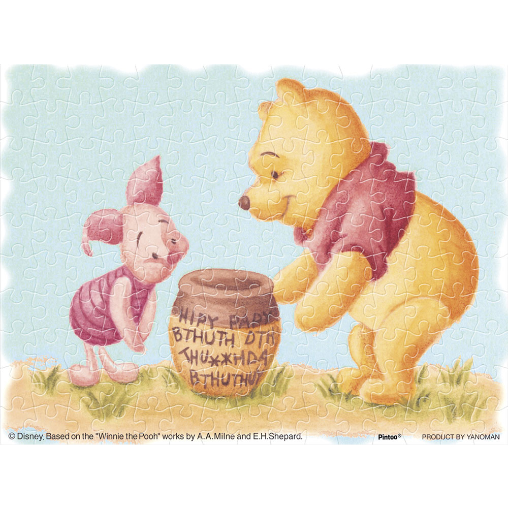 2301-12 絕版迷你塑膠150片日本拼圖．迪士尼 Winnie the Pooh 小熊維尼 小豬 蜂蜜 附腳架