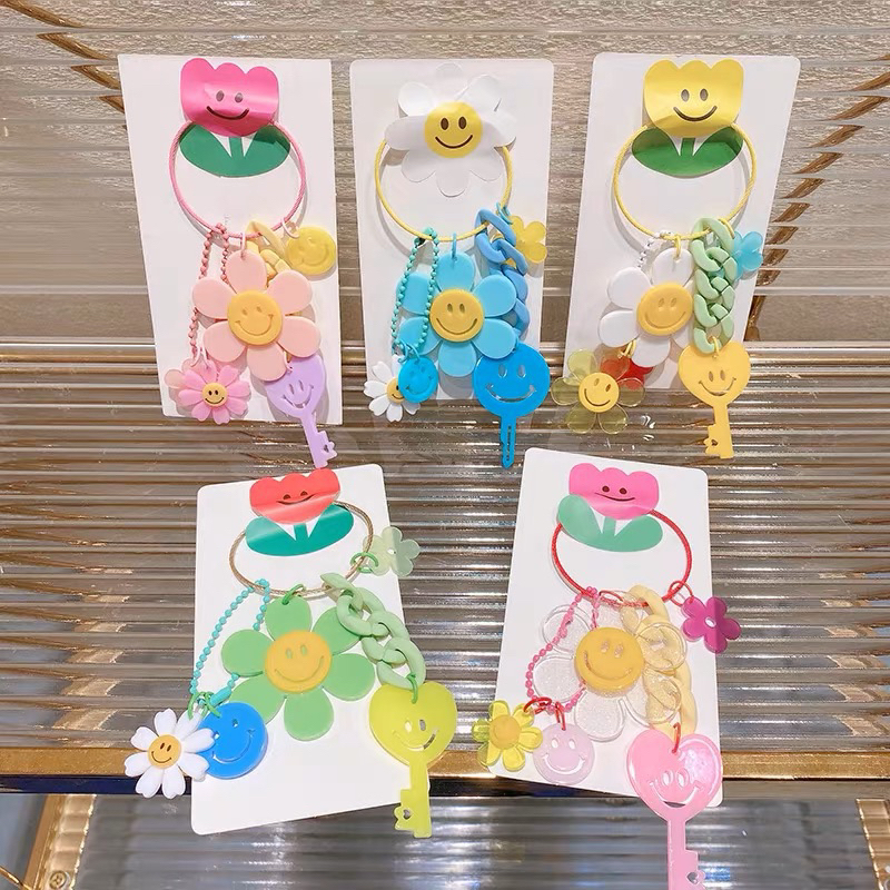 韓國甜美彩色壓克力鏈條笑臉花朵鑰匙掛飾/鑰匙圈