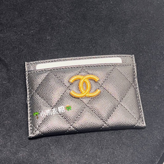小南* 香奈兒Chanel 23B 金屬線編織Logo荔枝牛皮卡片夾 卡包