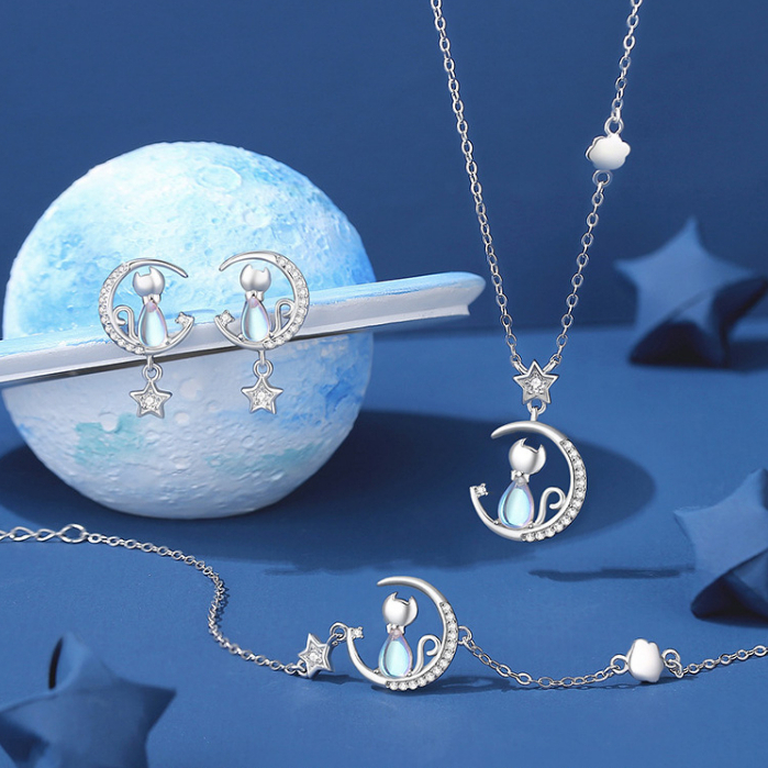 925S純銀星月猫咪飾品 ins小眾月光石項鍊 耳環 手鍊 網紅少女心首飾