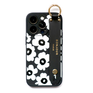 RICHE 品牌直營 iPhone16.15.14.13黑色霧面軟殼 小巴黎白罌粟花手帶背帶手機殼