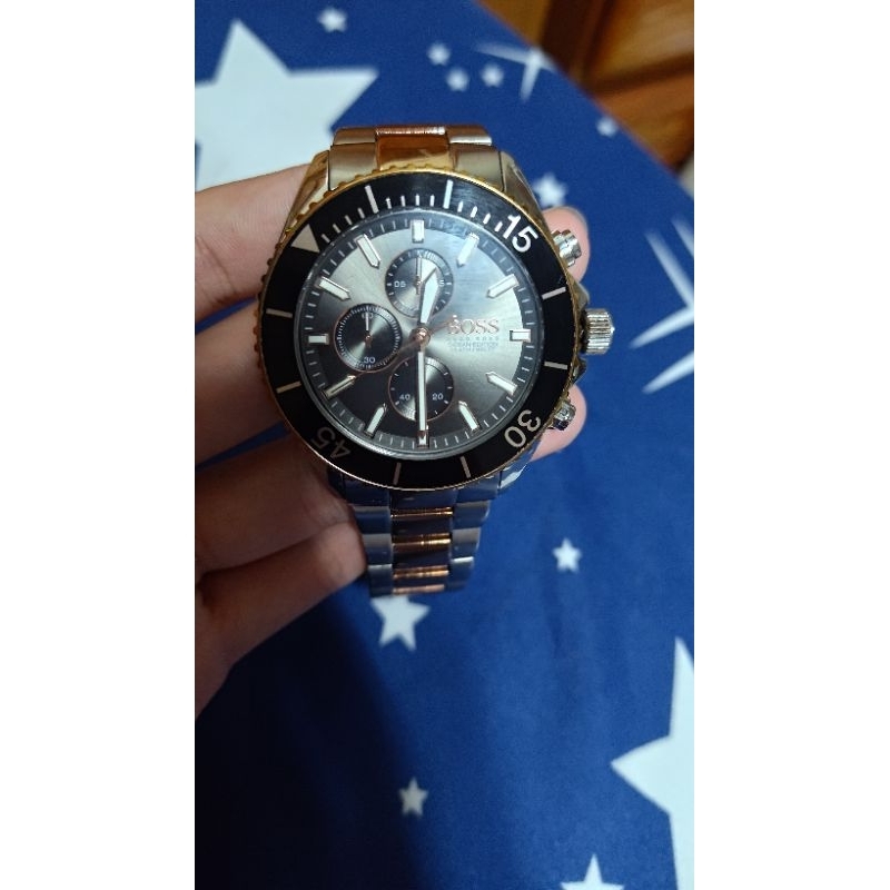 Boss精品男士手錶黑色錶盤 玫瑰金色配銀色不鏽鋼錶