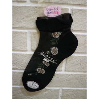 婕的店日本精品~日本帶回~薔薇 玫瑰黑色透明蕾絲襪子 短襪(22~24cm)日本製
