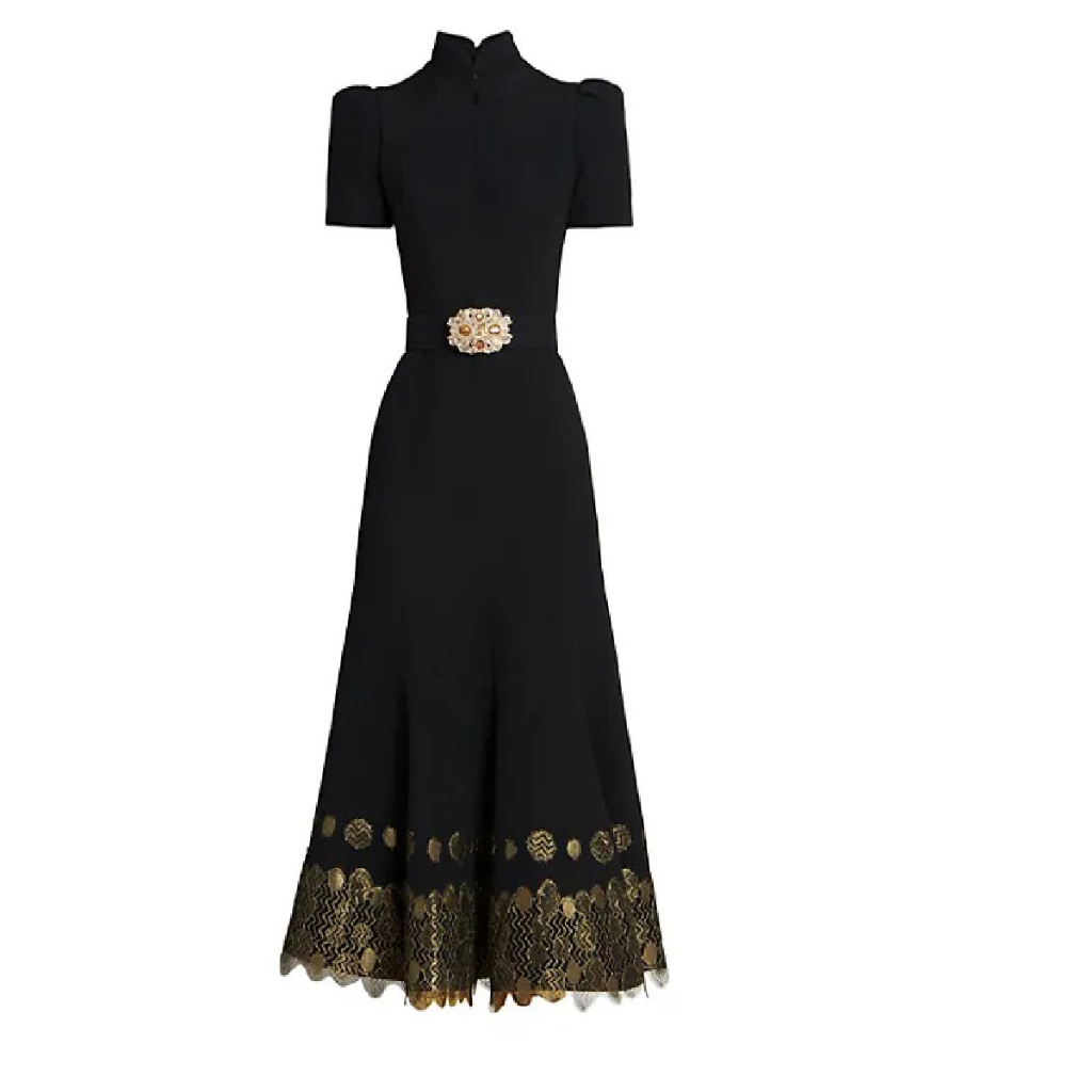 Belloago Andrew Gn Embroidered Belted Midi-Dress