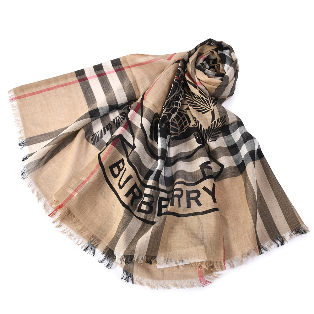 BURBERRY馬術騎士印花輕質格紋羊毛真絲披肩圍巾(典藏米)089562