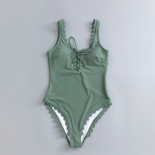 氣質甜美墨綠色女歐美款連身泳衣復古花邊泳衣