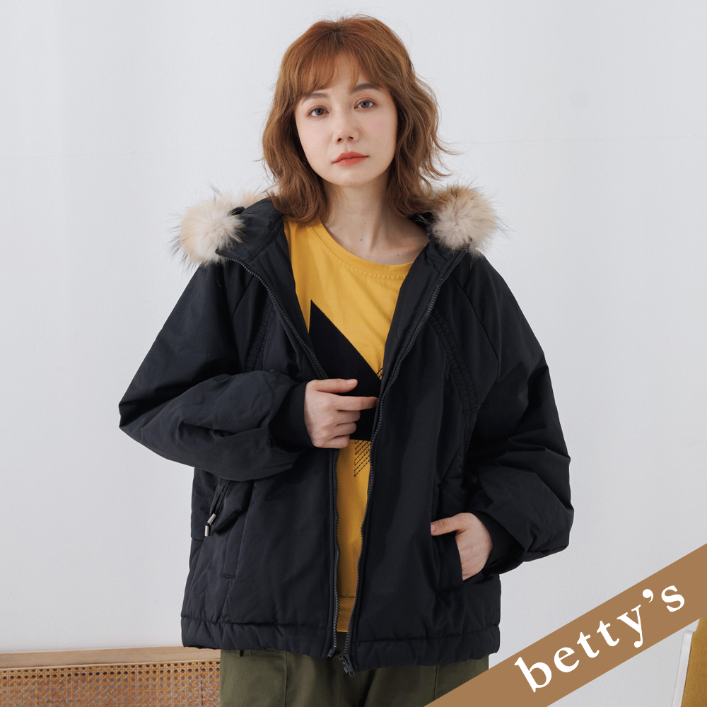 betty’s貝蒂思(25)剪接抽繩毛毛連帽落肩鋪棉外套(共二色)