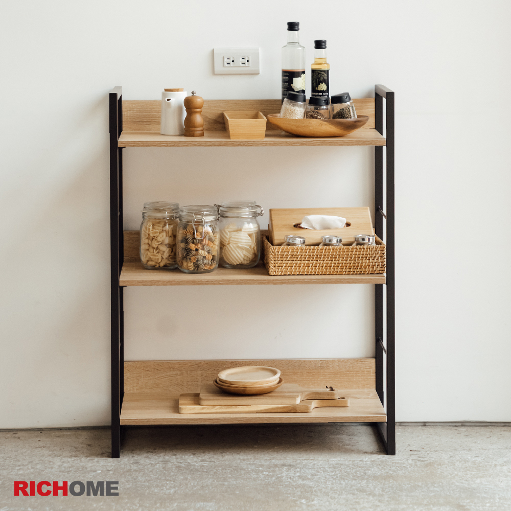 RICHOME 福利品 SH-479 里斯特3D木紋三層架(咖啡鐵管)   書架  收納架  層架  置物架  置物櫃