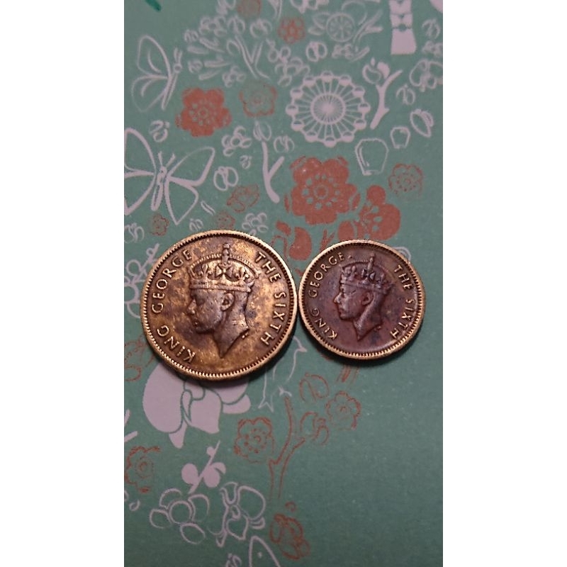 早期香港硬幣喬治６世。港幣—毫1950。港幣五仙1949。兩枚１套