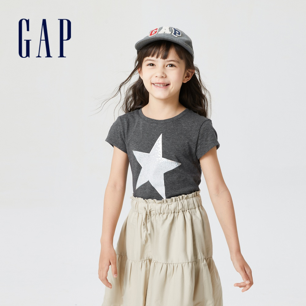 Gap 女童裝 Logo/印花純棉短袖T恤-灰色(621066)