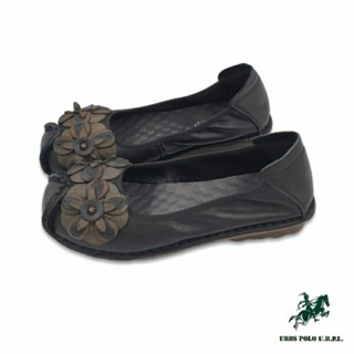 【MEI LAN】U.R.B.S POLO 真皮 復古 超軟 花朵 民族風 平底休閒鞋 娃娃鞋 6308 黑另有芋色